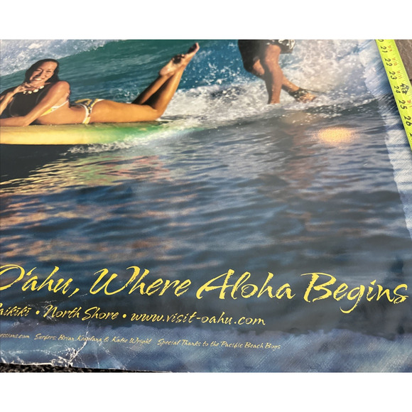 O'ahu Hawaii Island Travel Poster Vintage Surfing Ocean Volcano Tropical 36" EUC - Picture 7 of 11